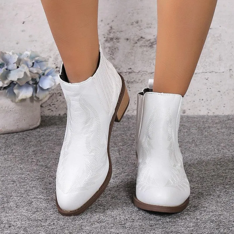 Women's Martin Vintage Pointed Toe Chunky Heel Embroidered Ankle Boots