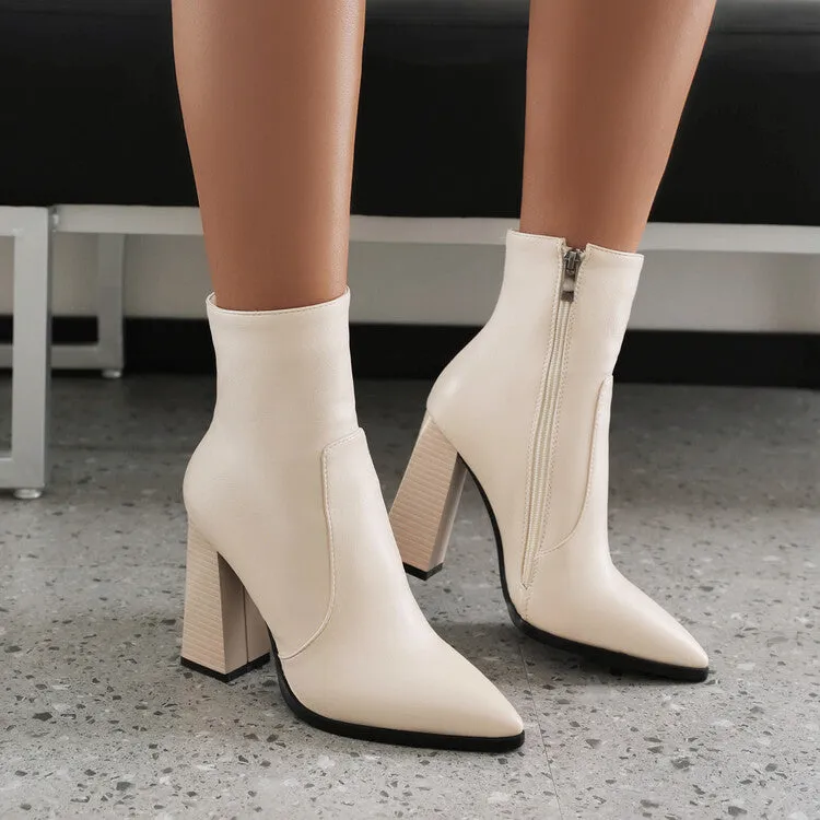 Women's Pu Leather Pointed Toe Stitching Side Zippers Chunky Heel Short Boots