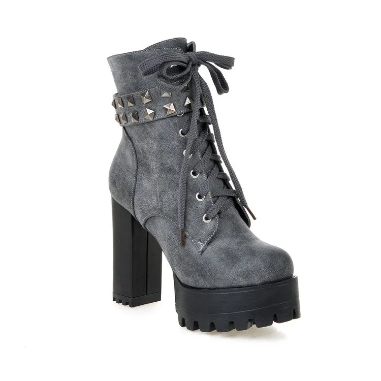 Women's Retro Pu Leather Round Toe Tied Belts Rivets Block Heel Platform Short Boots