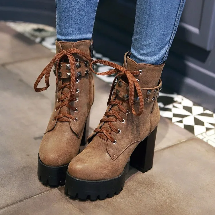 Women's Retro Pu Leather Round Toe Tied Belts Rivets Block Heel Platform Short Boots