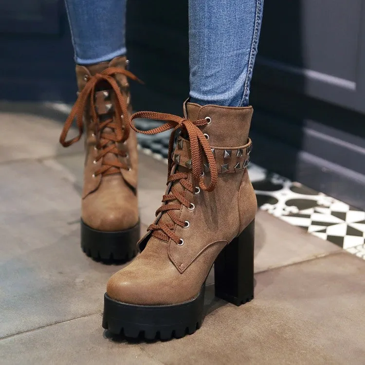 Women's Retro Pu Leather Round Toe Tied Belts Rivets Block Heel Platform Short Boots