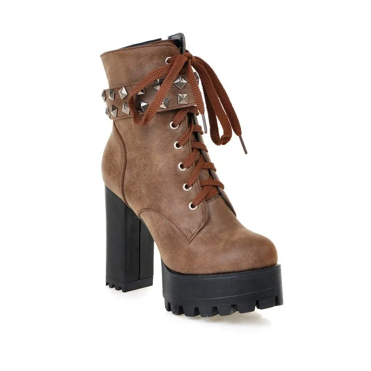 Women's Retro Pu Leather Round Toe Tied Belts Rivets Block Heel Platform Short Boots