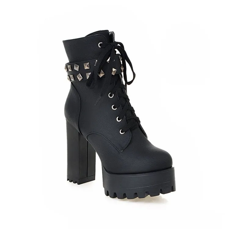 Women's Retro Pu Leather Round Toe Tied Belts Rivets Block Heel Platform Short Boots