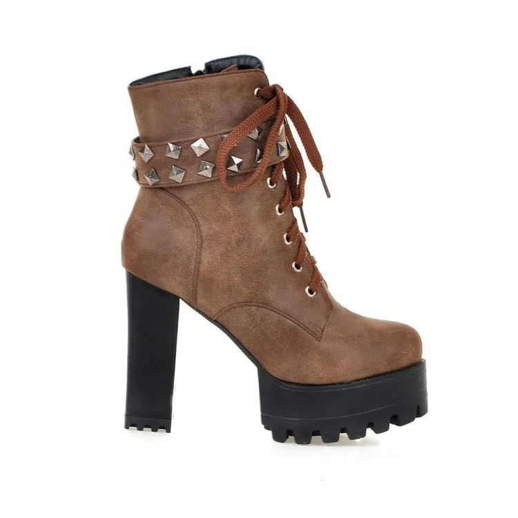 Women's Retro Pu Leather Round Toe Tied Belts Rivets Block Heel Platform Short Boots