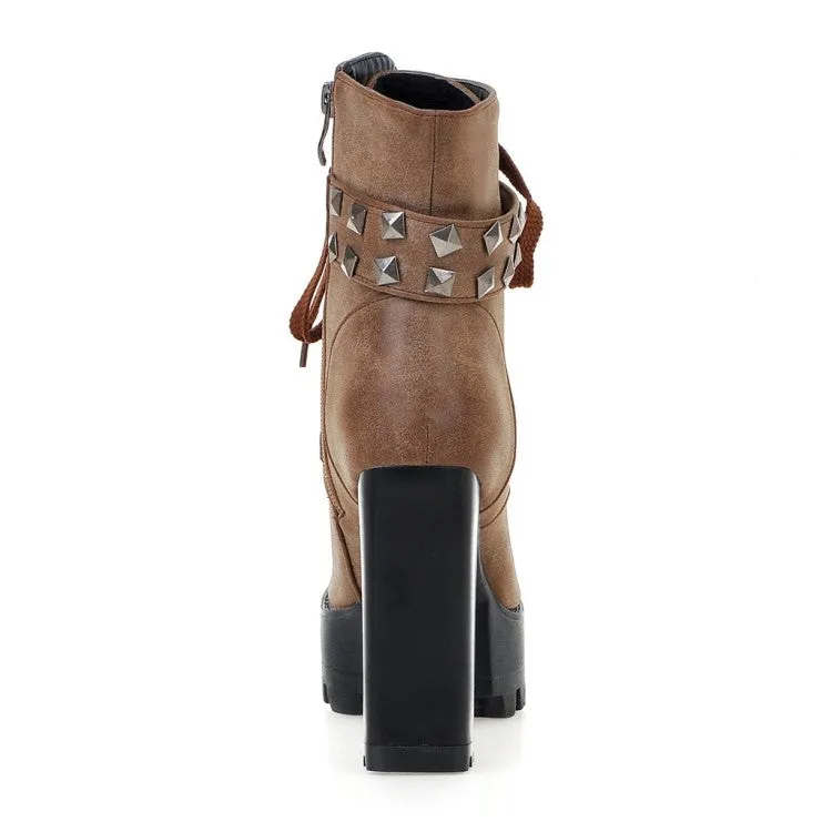 Women's Retro Pu Leather Round Toe Tied Belts Rivets Block Heel Platform Short Boots