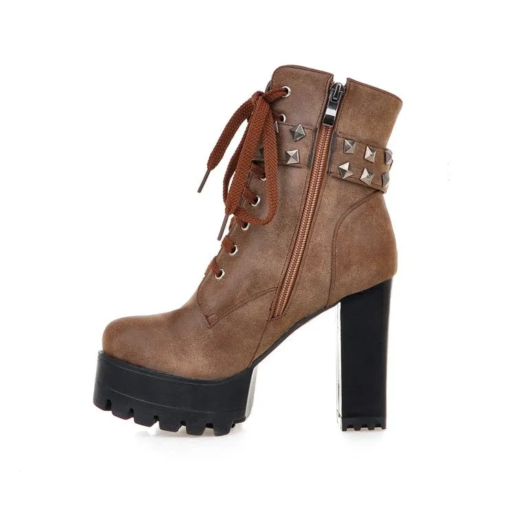 Women's Retro Pu Leather Round Toe Tied Belts Rivets Block Heel Platform Short Boots