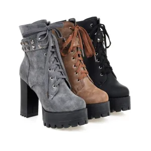 Women's Retro Pu Leather Round Toe Tied Belts Rivets Block Heel Platform Short Boots