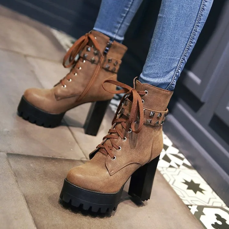 Women's Retro Pu Leather Round Toe Tied Belts Rivets Block Heel Platform Short Boots