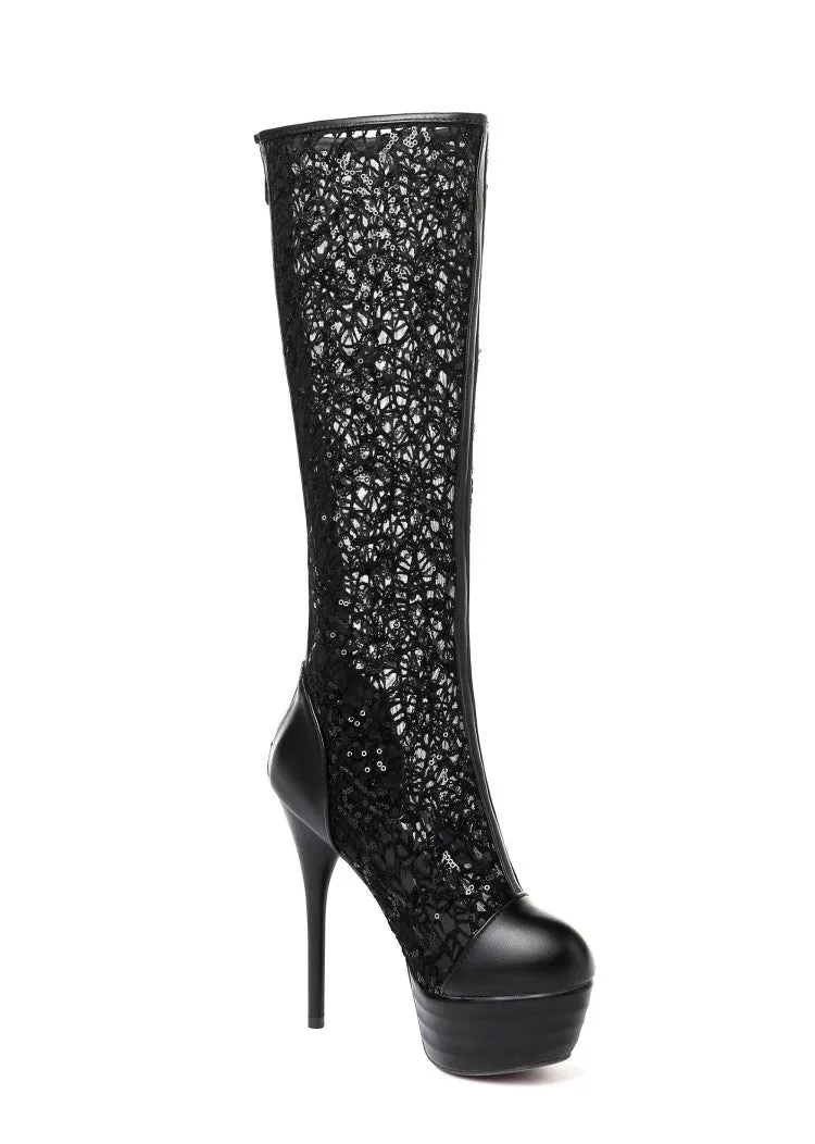 Women's Round Toe Lace Back Zippers Stiletto Heel Platform Mid-Calf Boots