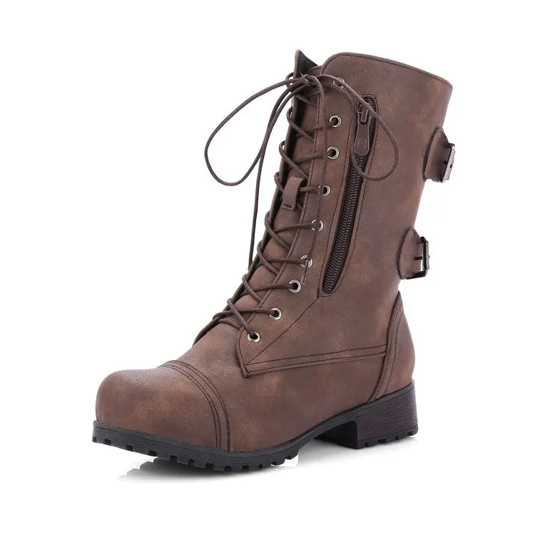 Women's Side Zippers Lace Up Block Chunky Heel Riding Short Boots