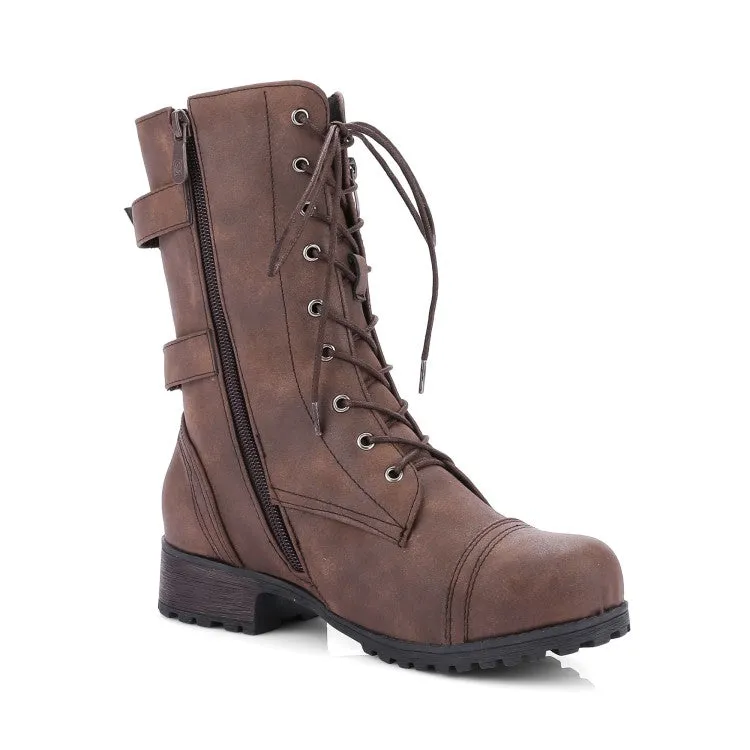 Women's Side Zippers Lace Up Block Chunky Heel Riding Short Boots